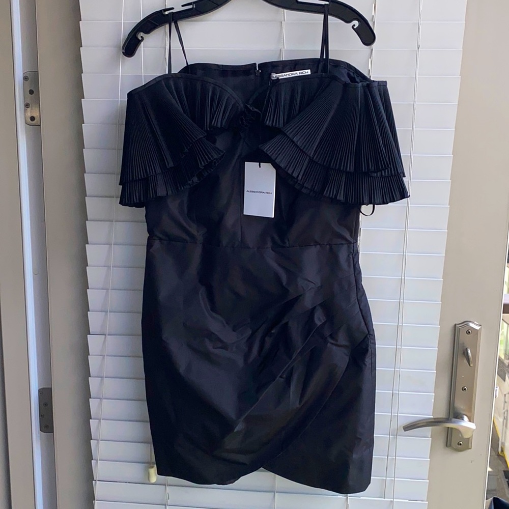 Alessandra Rich black ruched silk mini dress.